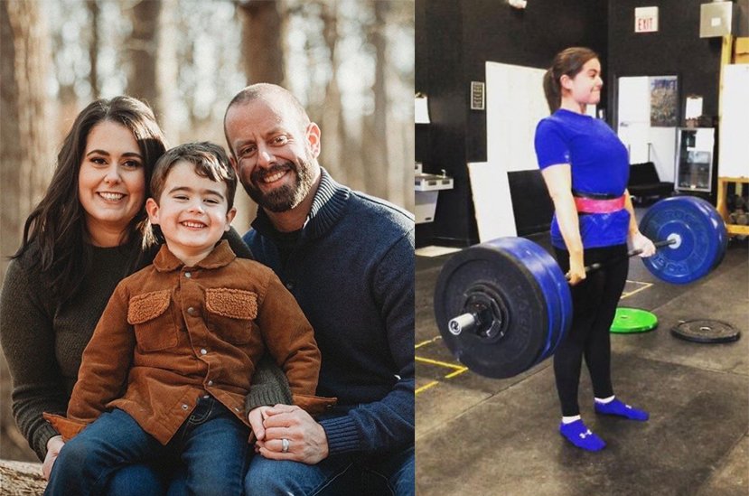 Lauren McCary and family next to photo of Lauren lifting weights.